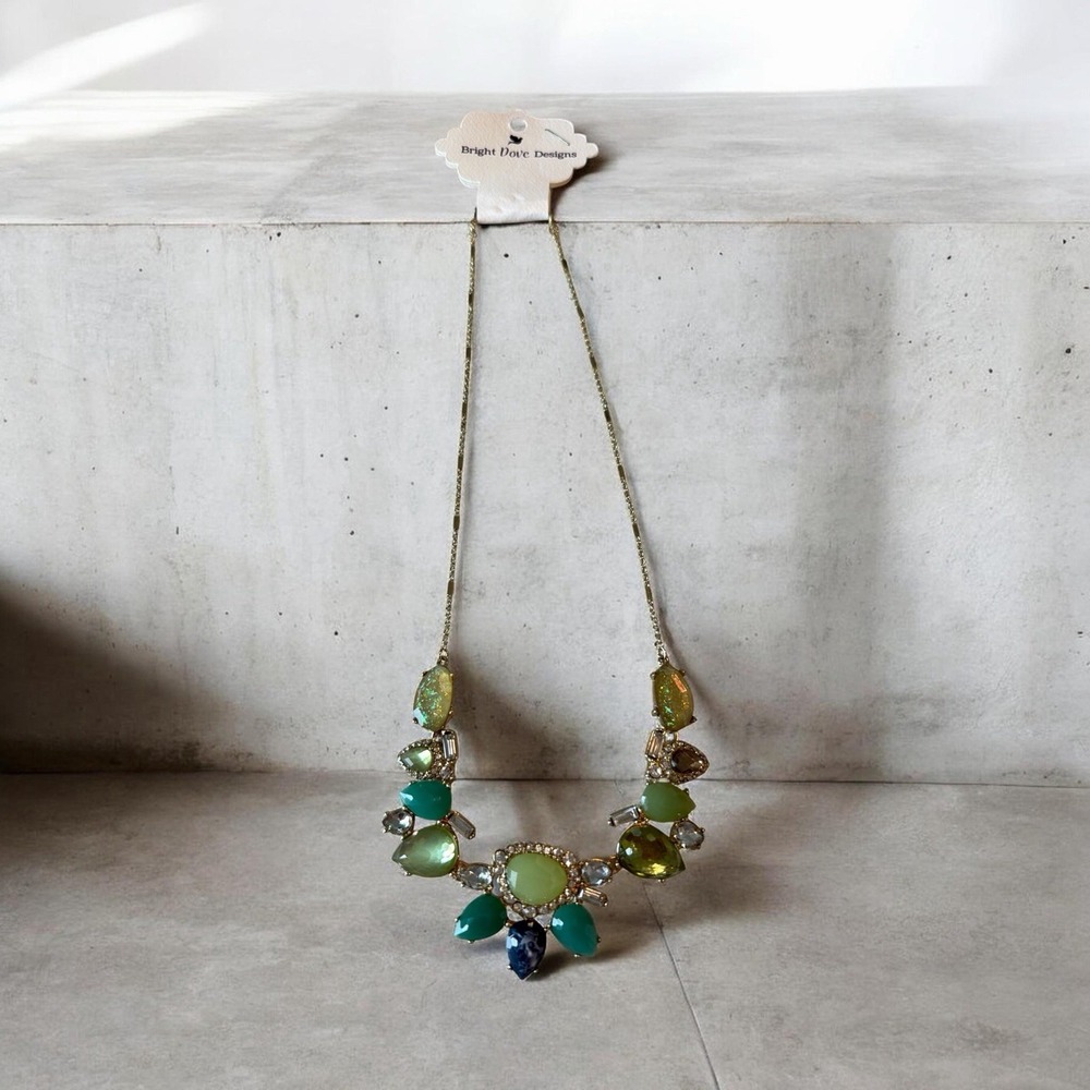 Bright Dove Designs Statement Necklace Green Teal Crystal Rhinestone Bib Necklac